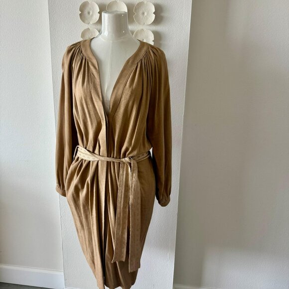 A.G.G.E.L. Greece Designer Linen-Blend Belted Dress – Camel, Size Large - Picture 6 of 8